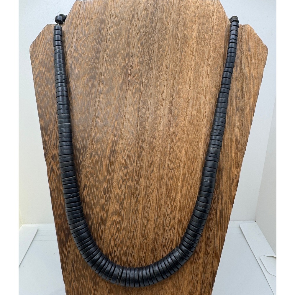 Vintage Black Wood Disc Bead Necklace Boho Tribal Statement Ethnic Retro Earthy